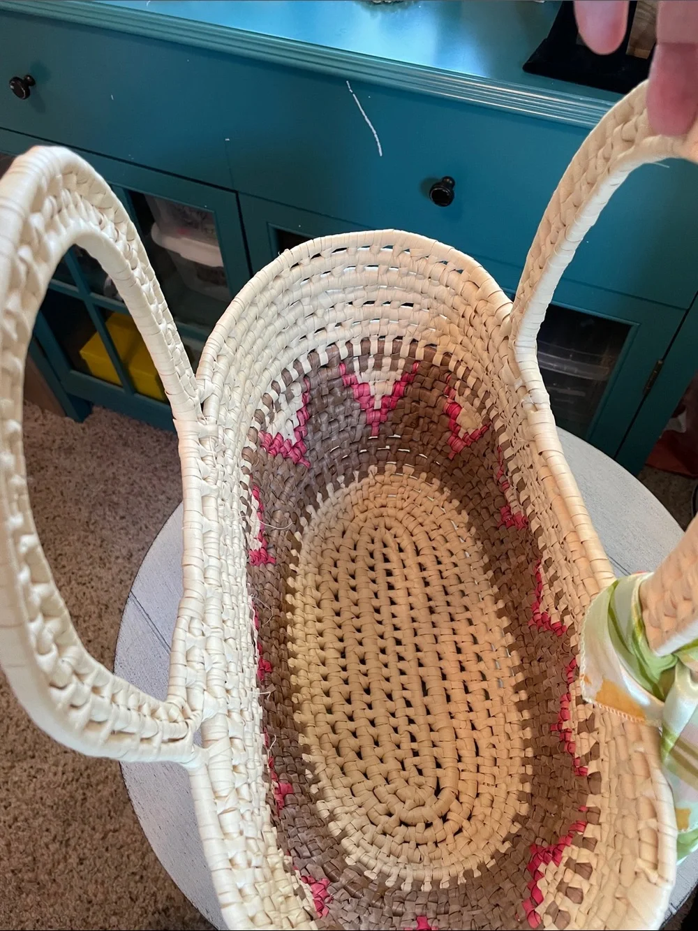 Woven Straw Tote Bag with Pink Accent and scarf